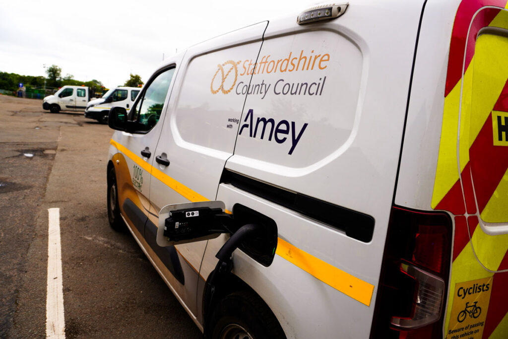 EVC Solutions 22kW Ratio EV io7 pedestal chargers installed for Amey Highways in Staffordshire, supporting fleet electrification.